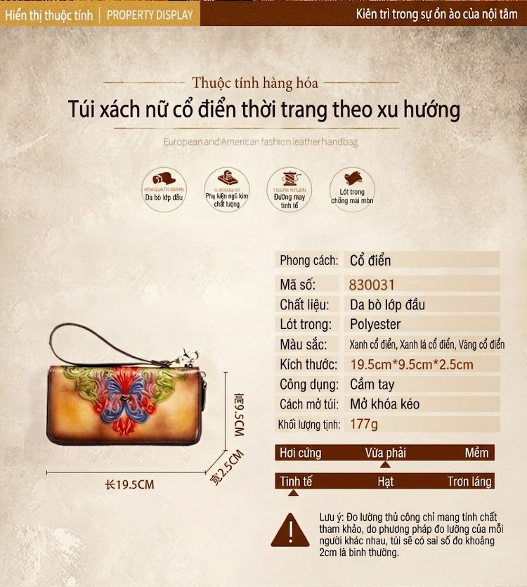 Ví Dài Nữ Da Bò Khóa Kéo Cầm Tay Phong Cách Âu Mỹ chi tiết 14