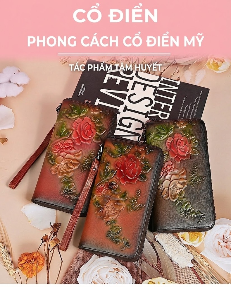 Ví Dài Nữ Da Bò Khóa Kéo Đa Năng In Hoa Văn Cầm Tay Dung Tích Lớn Màu Nâu Đỏ chi tiết 1