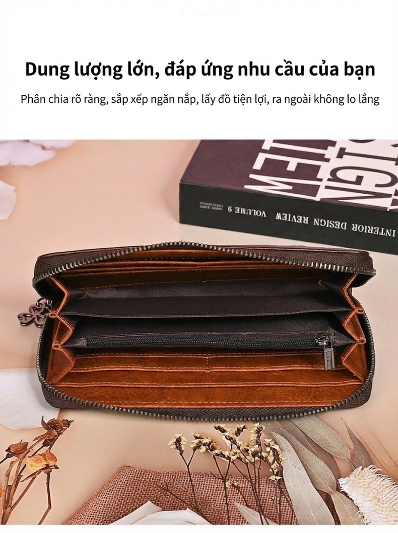 Ví Dài Nữ Da Bò Khóa Kéo Đa Năng In Hoa Văn Cầm Tay Dung Tích Lớn Màu Nâu Đỏ chi tiết 13