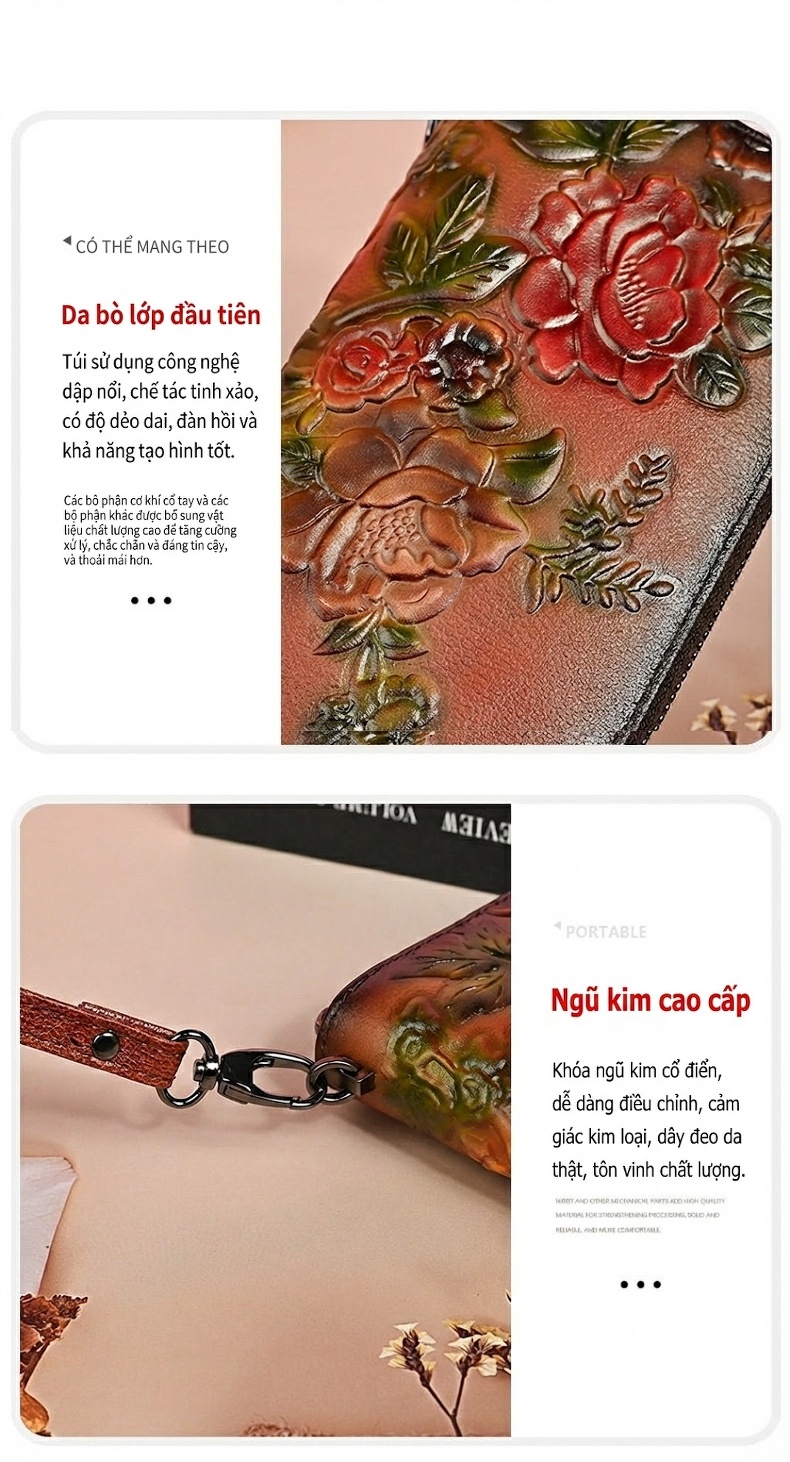 Ví Dài Nữ Da Bò Khóa Kéo Đa Năng In Hoa Văn Cầm Tay Dung Tích Lớn Màu Nâu Đỏ chi tiết 15