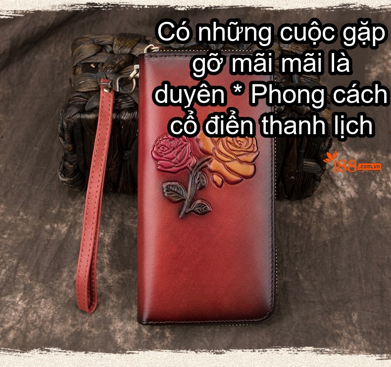 Ví Dài Nữ Da Bò Khóa Kéo Dung Tích Lớn Đựng Thẻ In Hoa Văn Màu Đen, Nâu, Đỏ chi tiết 1