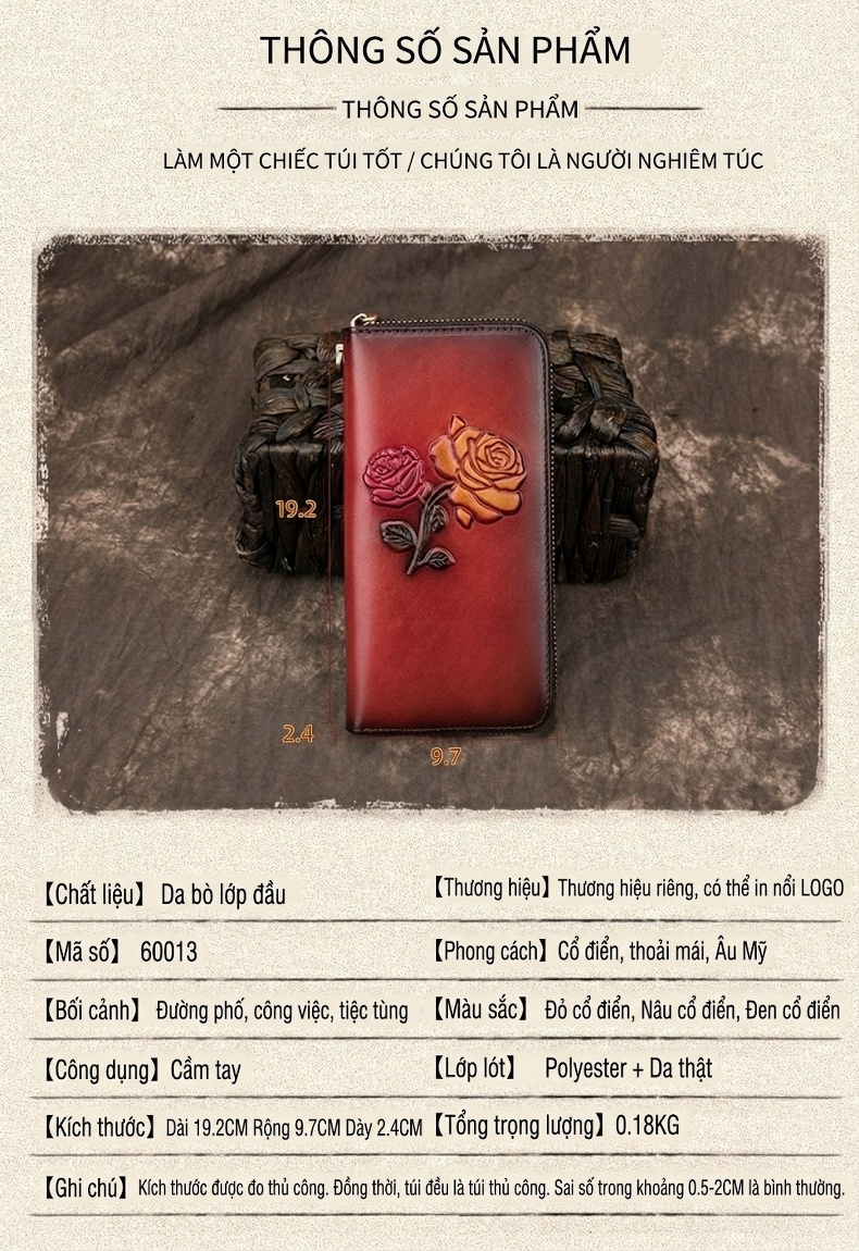 Ví Dài Nữ Da Bò Khóa Kéo Dung Tích Lớn Đựng Thẻ In Hoa Văn Màu Đen, Nâu, Đỏ chi tiết 5