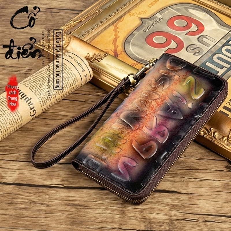 Ví Dài Nữ Da Bò Khóa Kéo Dung Tích Lớn Nhiều Ngăn Màu Đen, Nâu, Cam...