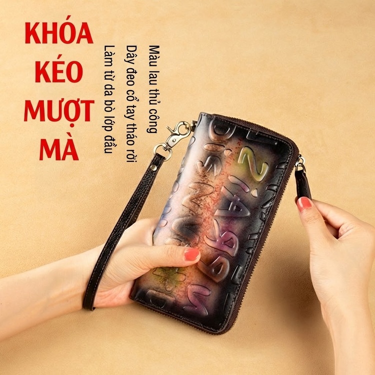 Ví Dài Nữ Da Bò Khóa Kéo Dung Tích Lớn Nhiều Ngăn Màu Đen, Nâu, Cam... chi tiết 3