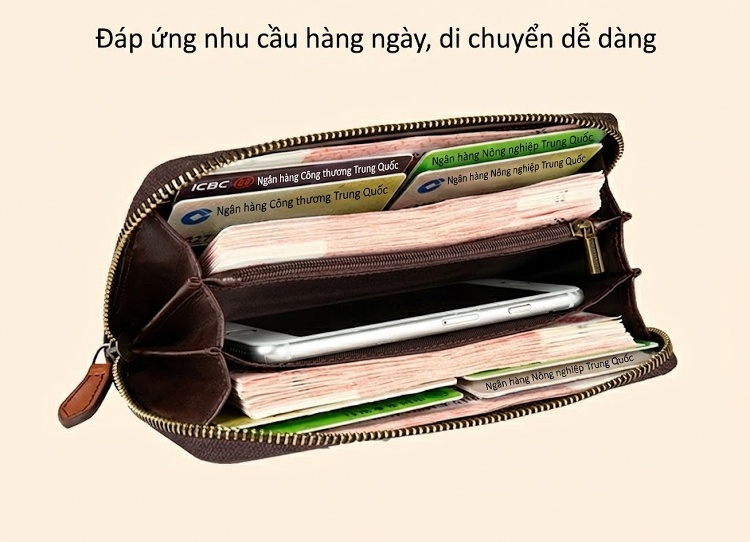 Ví Dài Nữ Da Bò Khóa Kéo Dung Tích Lớn Nhiều Ngăn Màu Đen, Nâu, Cam... chi tiết 16