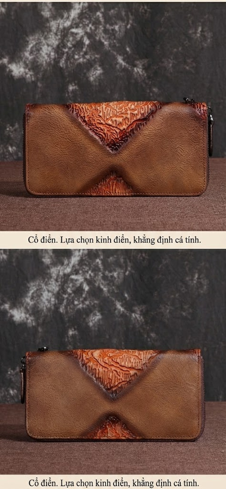 Ví Dài Nữ Da Bò Khóa Kéo Phong Cách Retro Màu Nâu, Đỏ, Đen chi tiết 4