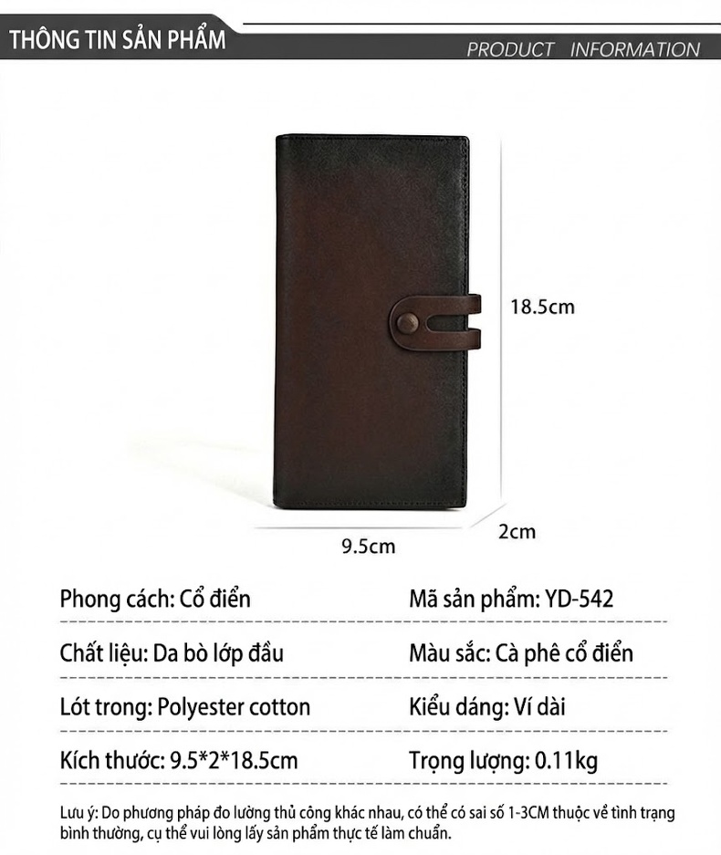 Ví Dài Nữ Da Bò Nhiều Ngăn Đựng Thẻ Cầm Tay Phong Cách Retro Màu Nâu chi tiết 3