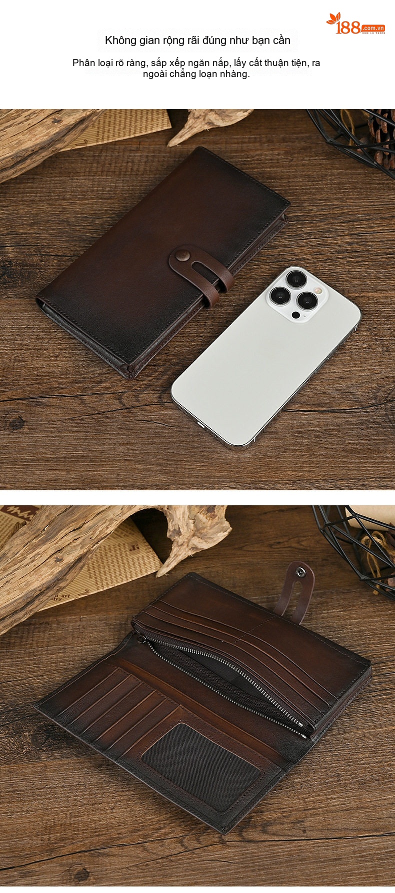 Ví Dài Nữ Da Bò Nhiều Ngăn Đựng Thẻ Cầm Tay Phong Cách Retro Màu Nâu chi tiết 10