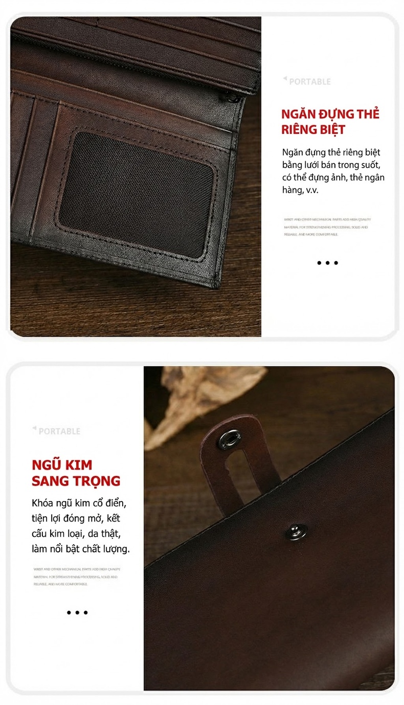 Ví Dài Nữ Da Bò Nhiều Ngăn Đựng Thẻ Cầm Tay Phong Cách Retro Màu Nâu chi tiết 12