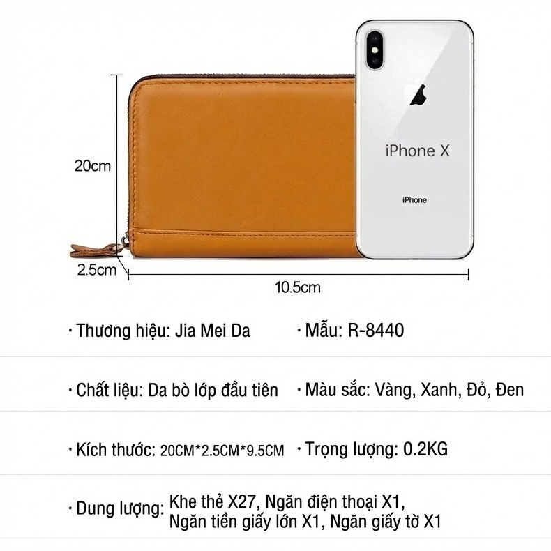 Ví Dài Nữ Da Bò Nhiều Ngăn Đựng Thẻ Chống Trộm RFID Màu Vàng, Xanh Dương, Đỏ, Đen
