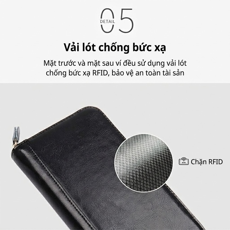Ví Dài Nữ Da Bò Nhiều Ngăn Đựng Thẻ Chống Trộm RFID Màu Vàng, Xanh Dương, Đỏ, Đen