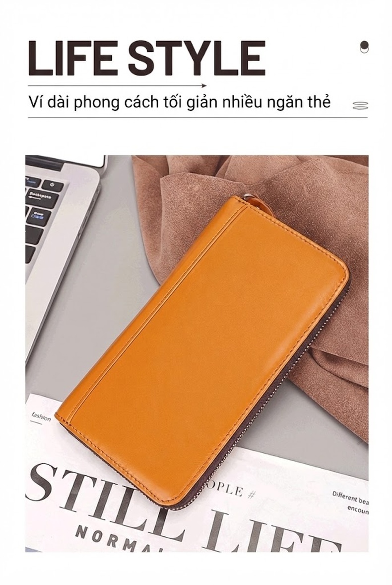 Ví Dài Nữ Da Bò Nhiều Ngăn Đựng Thẻ Chống Trộm RFID Màu Vàng, Xanh Dương, Đỏ, Đen chi tiết 3