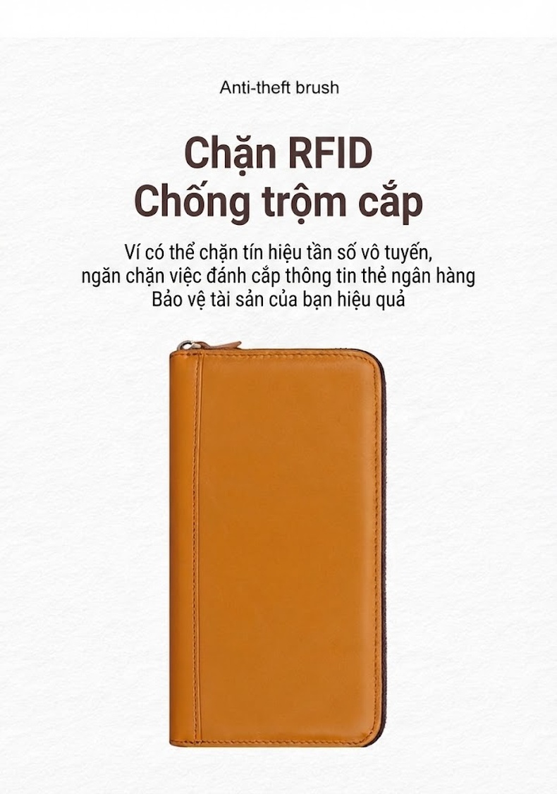 Ví Dài Nữ Da Bò Nhiều Ngăn Đựng Thẻ Chống Trộm RFID Màu Vàng, Xanh Dương, Đỏ, Đen chi tiết 7