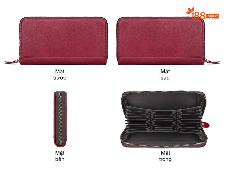 Ví Dài Nữ Da Bò Nhiều Ngăn Đựng Thẻ Chống Trộm RFID Màu Vàng, Xanh Dương, Đỏ, Đen chi tiết 11
