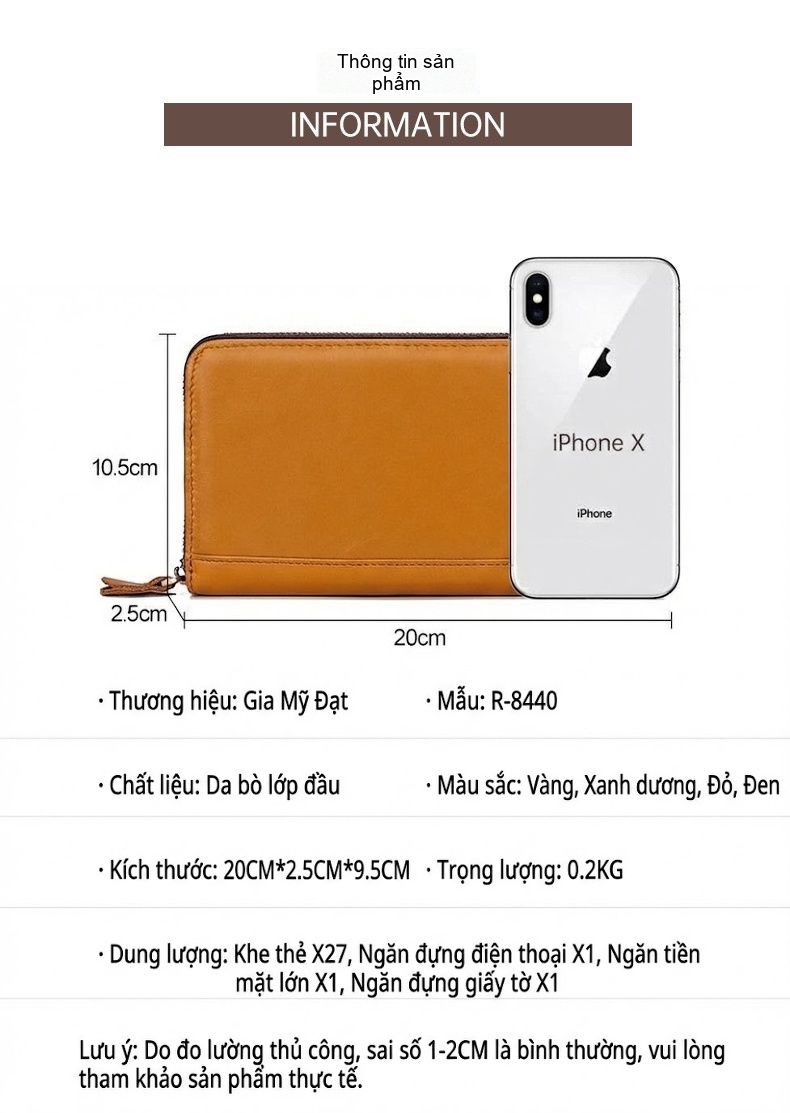 Ví Dài Nữ Da Bò Nhiều Ngăn Đựng Thẻ Chống Trộm RFID Màu Vàng, Xanh Dương, Đỏ, Đen chi tiết 2