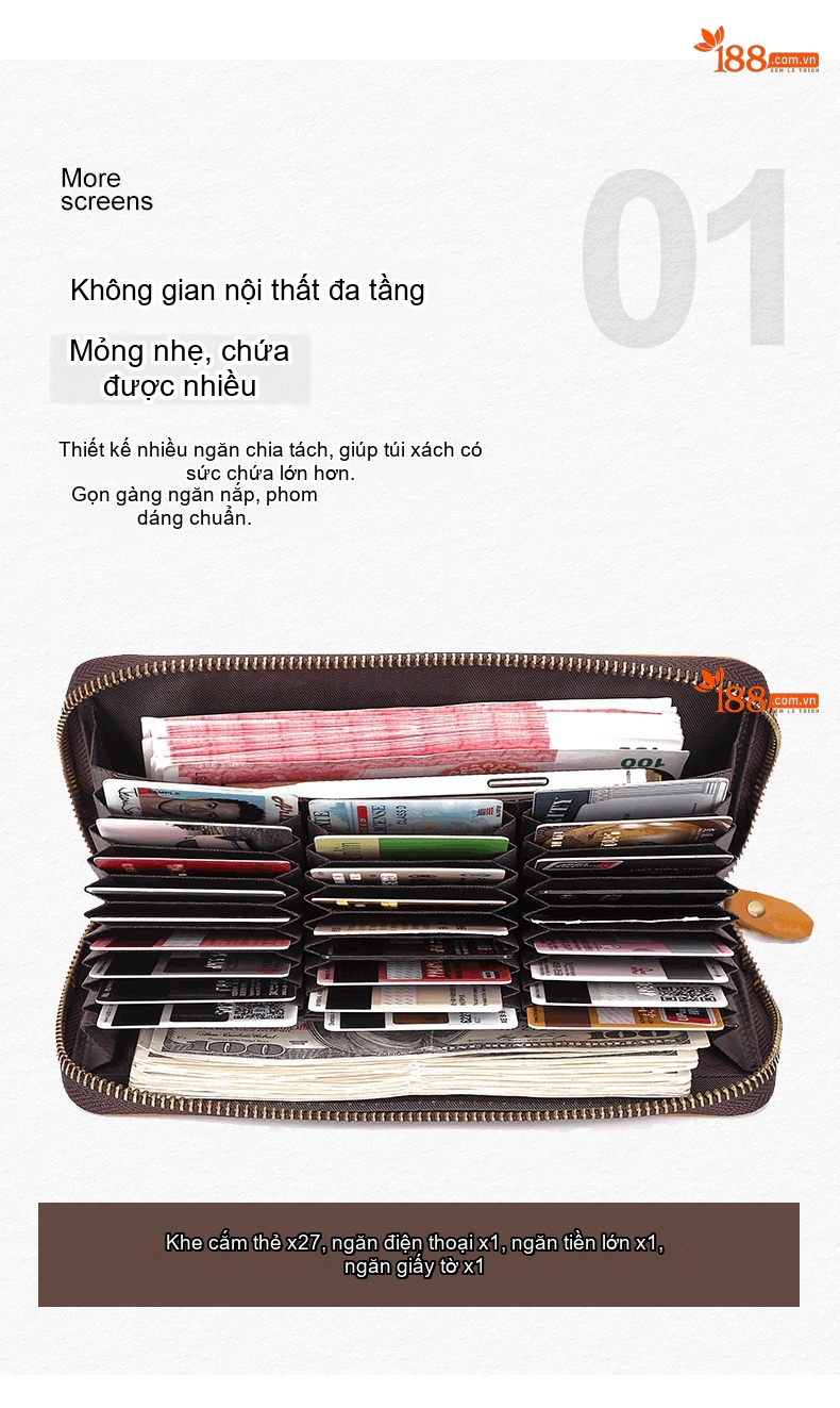 Ví Dài Nữ Da Bò Nhiều Ngăn Đựng Thẻ Chống Trộm RFID Màu Vàng, Xanh Dương, Đỏ, Đen chi tiết 5