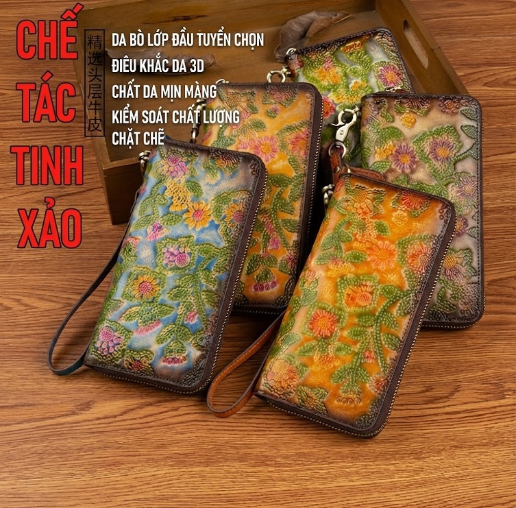 Ví Dài Nữ Da Bò Thật Dập Hoa Văn Cổ Điển, Cầm Tay, Nhiều Ngăn Màu Vàng, Xanh Lá, Hồng... chi tiết 2