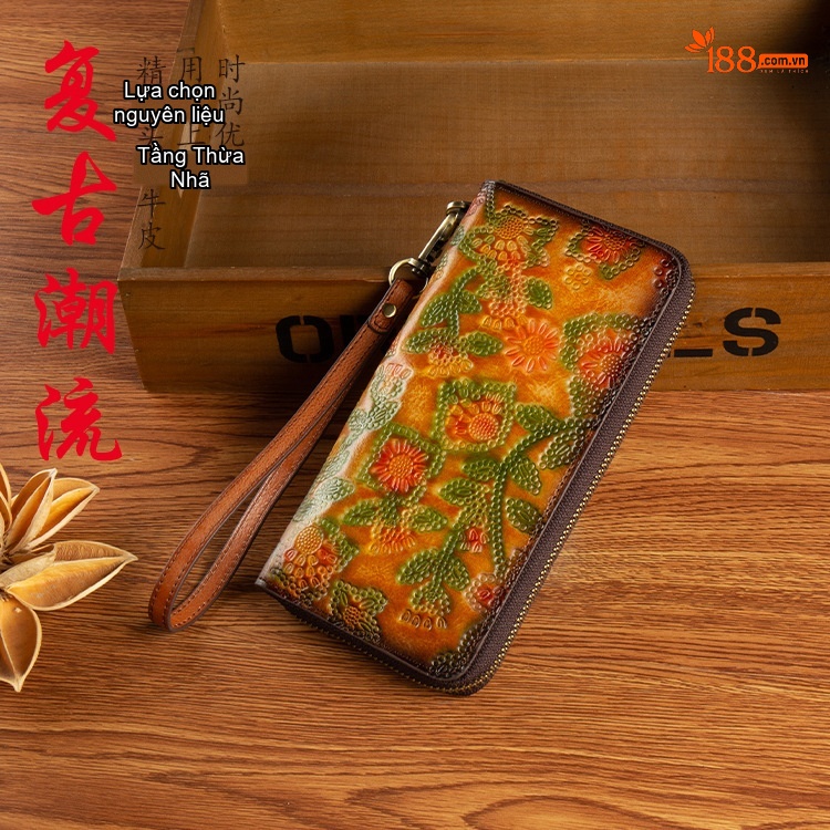 Ví Dài Nữ Da Bò Thật Dập Hoa Văn Cổ Điển, Cầm Tay, Nhiều Ngăn Màu Vàng, Xanh Lá, Hồng... chi tiết 3