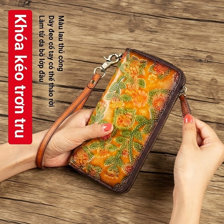 Ví Dài Nữ Da Bò Thật Dập Hoa Văn Cổ Điển, Cầm Tay, Nhiều Ngăn Màu Vàng, Xanh Lá, Hồng... chi tiết 4