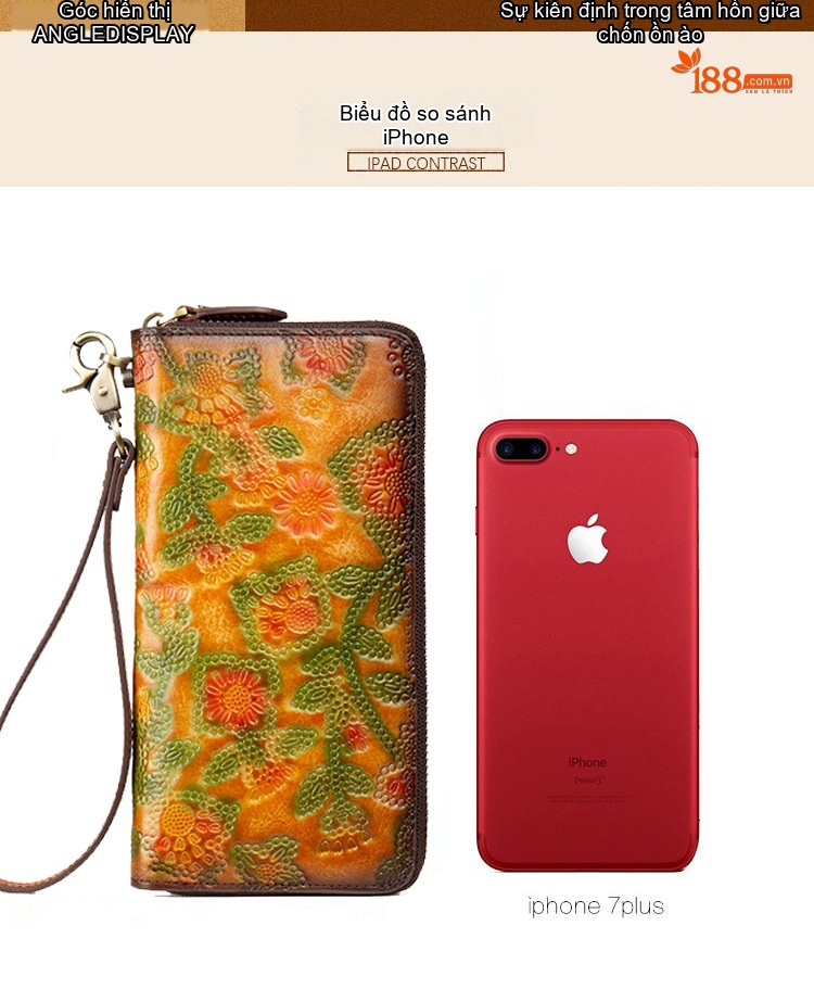 Ví Dài Nữ Da Bò Thật Dập Hoa Văn Cổ Điển, Cầm Tay, Nhiều Ngăn Màu Vàng, Xanh Lá, Hồng... chi tiết 15