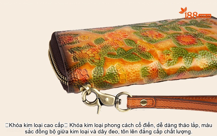 Ví Dài Nữ Da Bò Thật Dập Hoa Văn Cổ Điển, Cầm Tay, Nhiều Ngăn Màu Vàng, Xanh Lá, Hồng... chi tiết 19