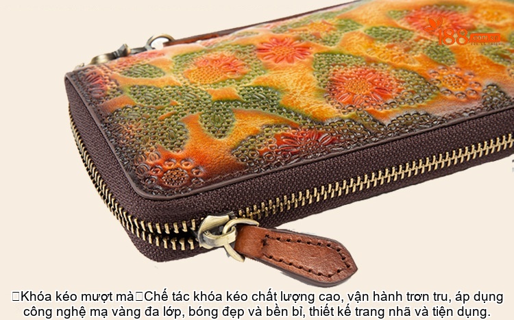 Ví Dài Nữ Da Bò Thật Dập Hoa Văn Cổ Điển, Cầm Tay, Nhiều Ngăn Màu Vàng, Xanh Lá, Hồng... chi tiết 20