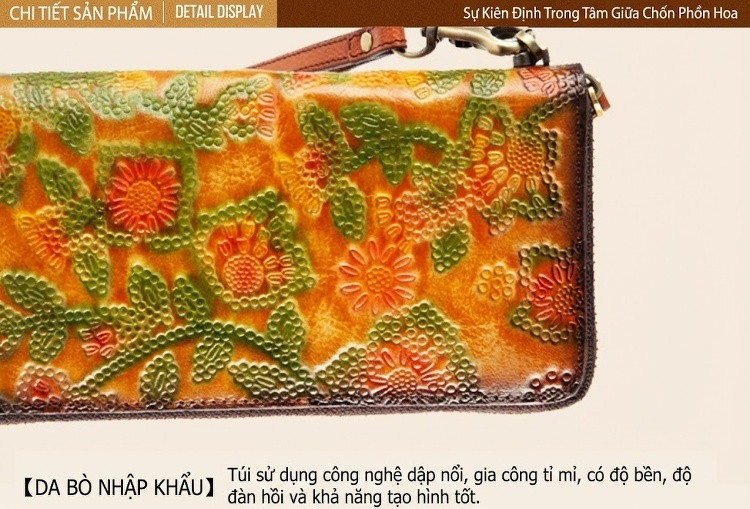Ví Dài Nữ Da Bò Thật Dập Hoa Văn Cổ Điển, Cầm Tay, Nhiều Ngăn Màu Vàng, Xanh Lá, Hồng... chi tiết 21