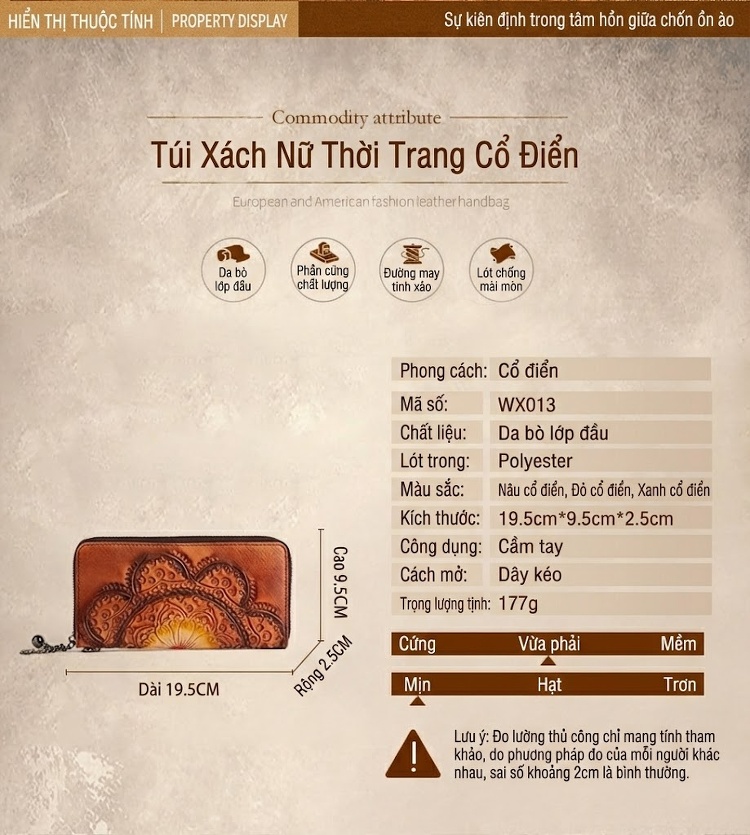 Ví Dài Nữ Da Bò Thủ Công Khắc Họa Tiết Cầm Tay Màu Xanh Lá, Đỏ, Nâu chi tiết 2