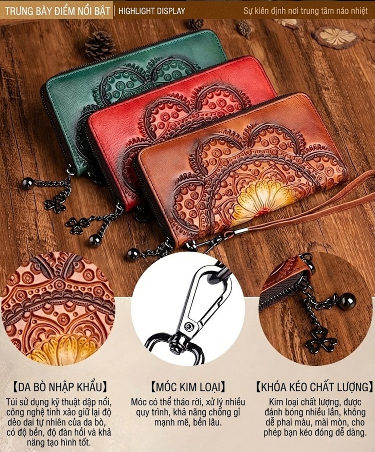 Ví Dài Nữ Da Bò Thủ Công Khắc Họa Tiết Cầm Tay Màu Xanh Lá, Đỏ, Nâu chi tiết 3
