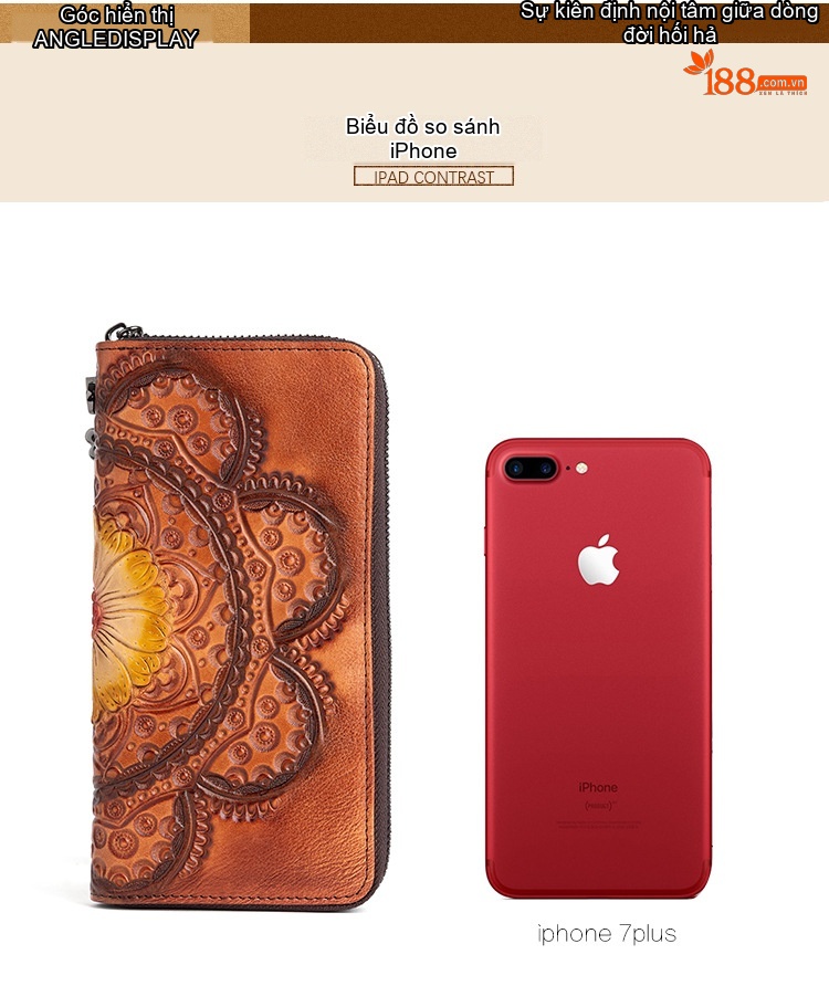 Ví Dài Nữ Da Bò Thủ Công Khắc Họa Tiết Cầm Tay Màu Xanh Lá, Đỏ, Nâu chi tiết 5