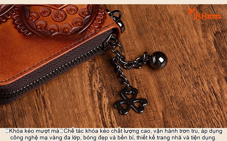 Ví Dài Nữ Da Bò Thủ Công Khắc Họa Tiết Cầm Tay Màu Xanh Lá, Đỏ, Nâu chi tiết 10