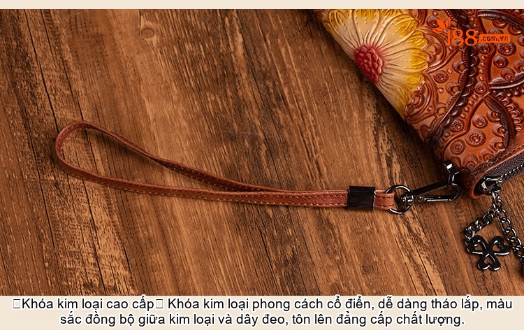 Ví Dài Nữ Da Bò Thủ Công Khắc Họa Tiết Cầm Tay Màu Xanh Lá, Đỏ, Nâu chi tiết 11