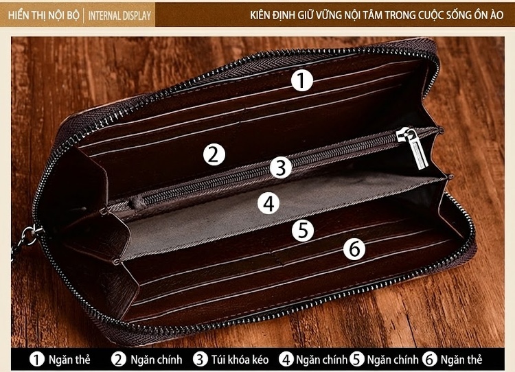 Ví Dài Nữ Da Bò Thủ Công Khắc Họa Tiết Cầm Tay Màu Xanh Lá, Đỏ, Nâu chi tiết 12