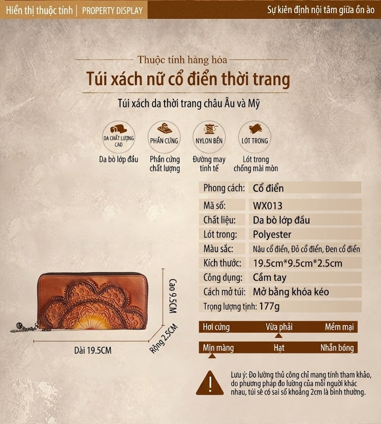 Ví Dài Nữ Da Bò Thủ Công Khắc Họa Tiết Cầm Tay Màu Xanh Lá, Đỏ, Nâu chi tiết 15
