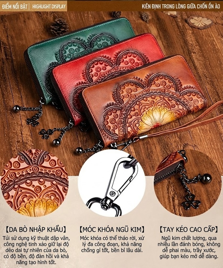 Ví Dài Nữ Da Bò Thủ Công Khắc Họa Tiết Cầm Tay Màu Xanh Lá, Đỏ, Nâu chi tiết 17