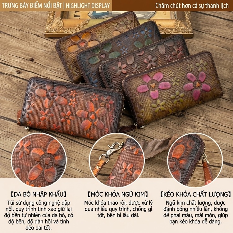Ví Dài Nữ Da Bò Thủ Công Khóa Kéo Phong Cách Retro Đựng Điện Thoại Màu Nâu, Xanh Dương, Xám, Hồng chi tiết 16