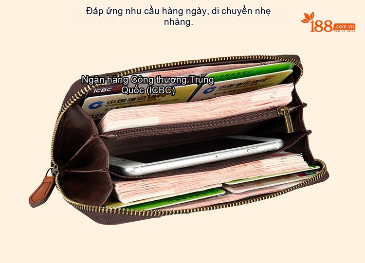 Ví Dài Nữ Da Bò Thủ Công Khóa Kéo Phong Cách Retro Đựng Điện Thoại Màu Nâu, Xanh Dương, Xám, Hồng chi tiết 17
