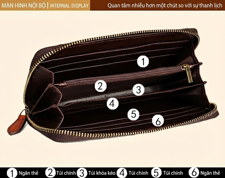 Ví Dài Nữ Da Bò Thủ Công Khóa Kéo Phong Cách Retro Đựng Điện Thoại Màu Nâu, Xanh Dương, Xám, Hồng chi tiết 18