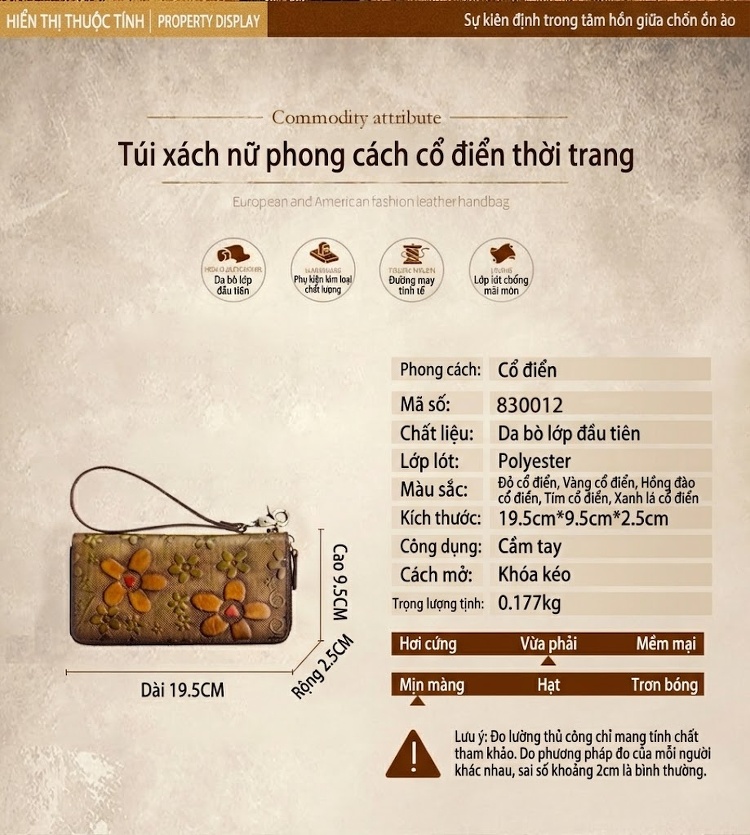 Ví Dài Nữ Da Bò Thủ Công Khóa Kéo Phong Cách Retro Đựng Điện Thoại Màu Nâu, Xanh Dương, Xám, Hồng chi tiết 19