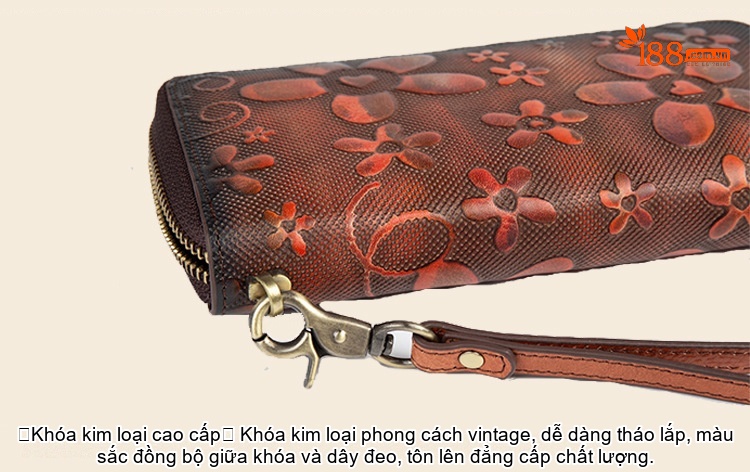 Ví Dài Nữ Da Bò Thủ Công Khóa Kéo Phong Cách Retro Đựng Điện Thoại Màu Nâu, Xanh Dương, Xám, Hồng chi tiết 20