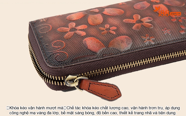 Ví Dài Nữ Da Bò Thủ Công Khóa Kéo Phong Cách Retro Đựng Điện Thoại Màu Nâu, Xanh Dương, Xám, Hồng chi tiết 21