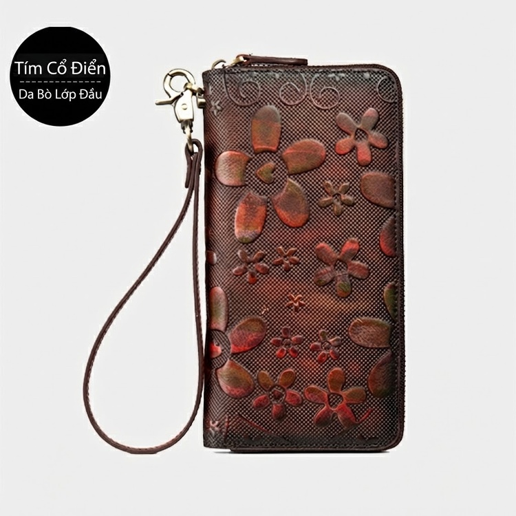 Ví Dài Nữ Da Bò Thủ Công Khóa Kéo Phong Cách Retro Đựng Điện Thoại Màu Nâu, Xanh Dương, Xám, Hồng chi tiết 14
