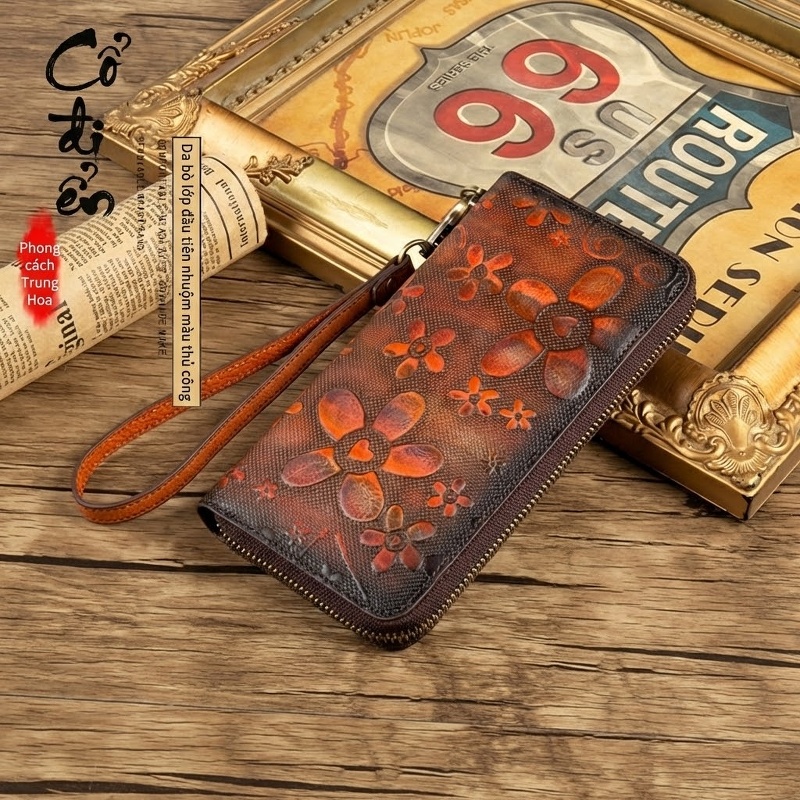 Ví Dài Nữ Da Bò Thủ Công Khóa Kéo Phong Cách Retro Đựng Điện Thoại Màu Nâu, Xanh Dương, Xám, Hồng