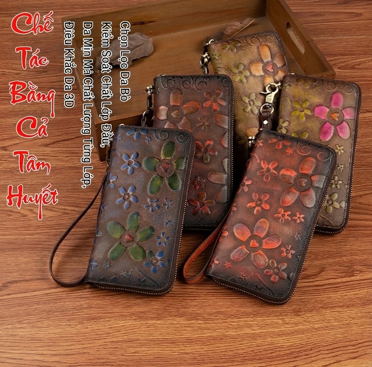 Ví Dài Nữ Da Bò Thủ Công Khóa Kéo Phong Cách Retro Đựng Điện Thoại Màu Nâu, Xanh Dương, Xám, Hồng chi tiết 2