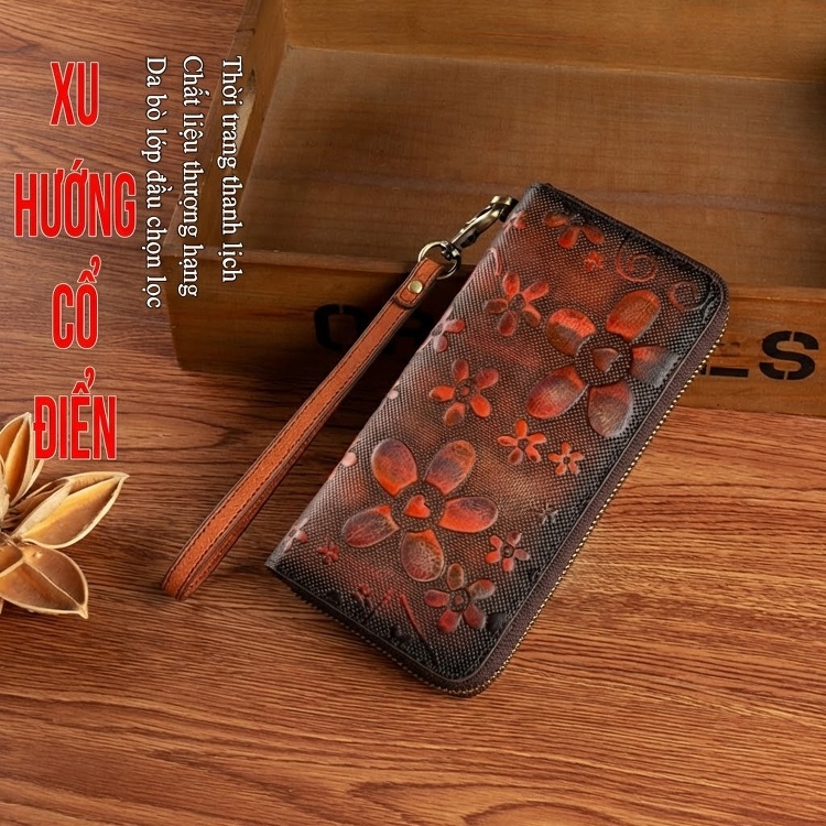 Ví Dài Nữ Da Bò Thủ Công Khóa Kéo Phong Cách Retro Đựng Điện Thoại Màu Nâu, Xanh Dương, Xám, Hồng chi tiết 3