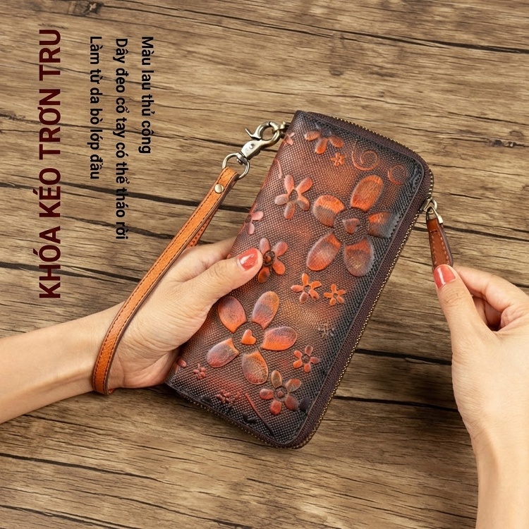 Ví Dài Nữ Da Bò Thủ Công Khóa Kéo Phong Cách Retro Đựng Điện Thoại Màu Nâu, Xanh Dương, Xám, Hồng chi tiết 4