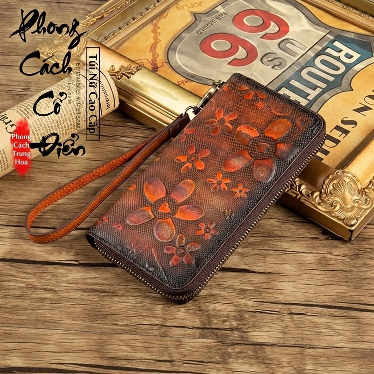 Ví Dài Nữ Da Bò Thủ Công Khóa Kéo Phong Cách Retro Đựng Điện Thoại Màu Nâu, Xanh Dương, Xám, Hồng chi tiết 5