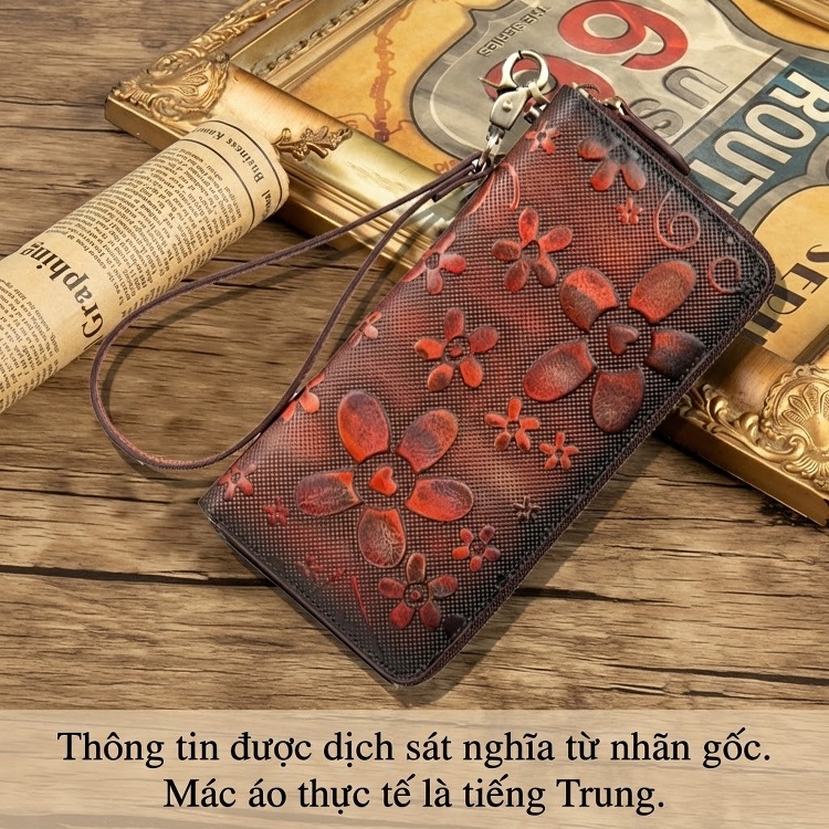 Ví Dài Nữ Da Bò Thủ Công Khóa Kéo Phong Cách Retro Đựng Điện Thoại Màu Nâu, Xanh Dương, Xám, Hồng chi tiết 9
