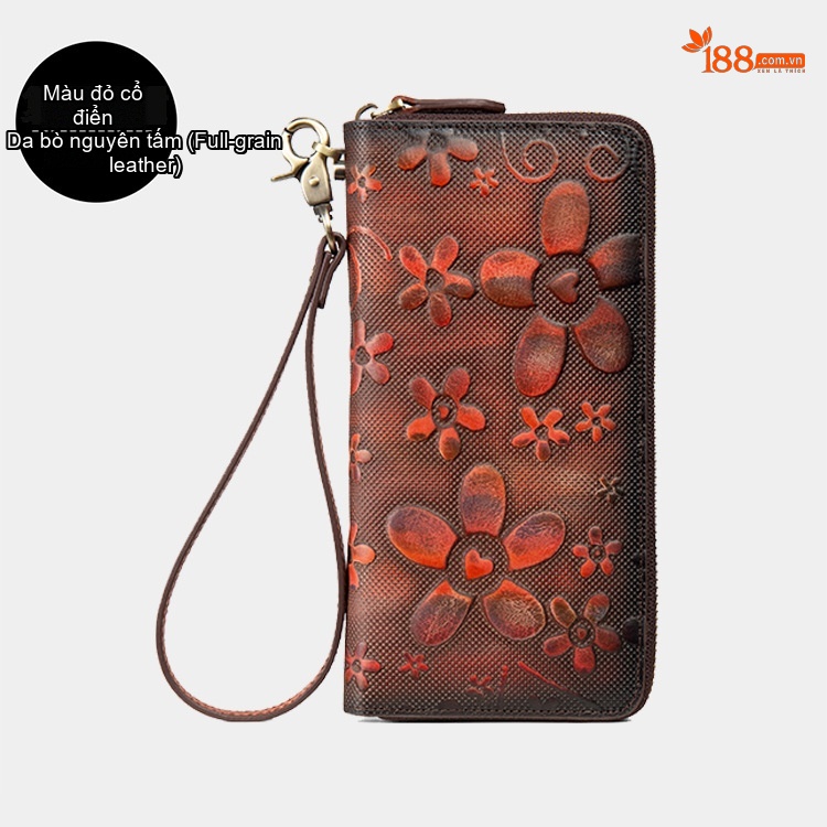 Ví Dài Nữ Da Bò Thủ Công Khóa Kéo Phong Cách Retro Đựng Điện Thoại Màu Nâu, Xanh Dương, Xám, Hồng chi tiết 10