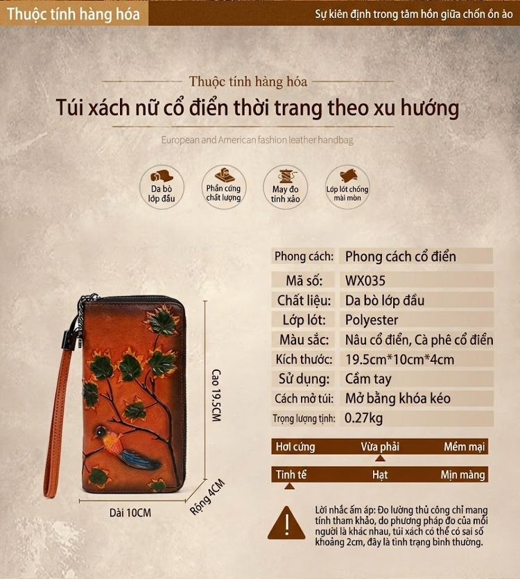 Ví Dài Nữ Da Bóng Dập Nổi Chống Trộm Cầm Tay Phong Cách Âu Mỹ Màu Nâu chi tiết 1